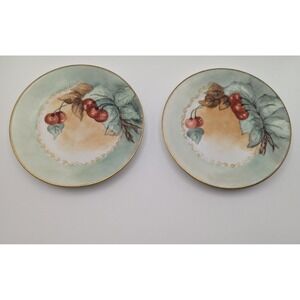 D&C France Hand Painted Cherry Porcelain Dessert Plates Set of 2 Gold Rim 6" Vtg